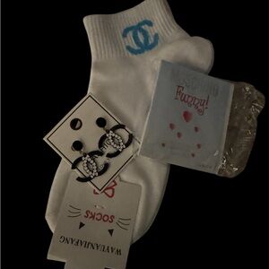 Fashion White Socks with Blue Logo fashion, earrings, and perfume sample